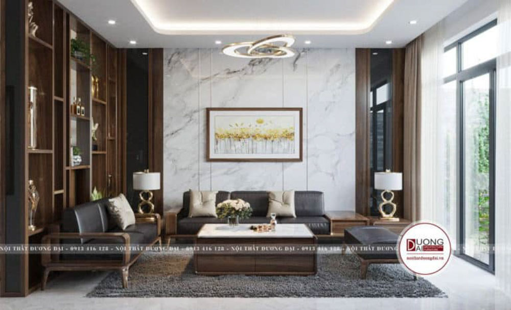 Thiết kế phòng khách sang trọng với sofa gỗ tự nhiên