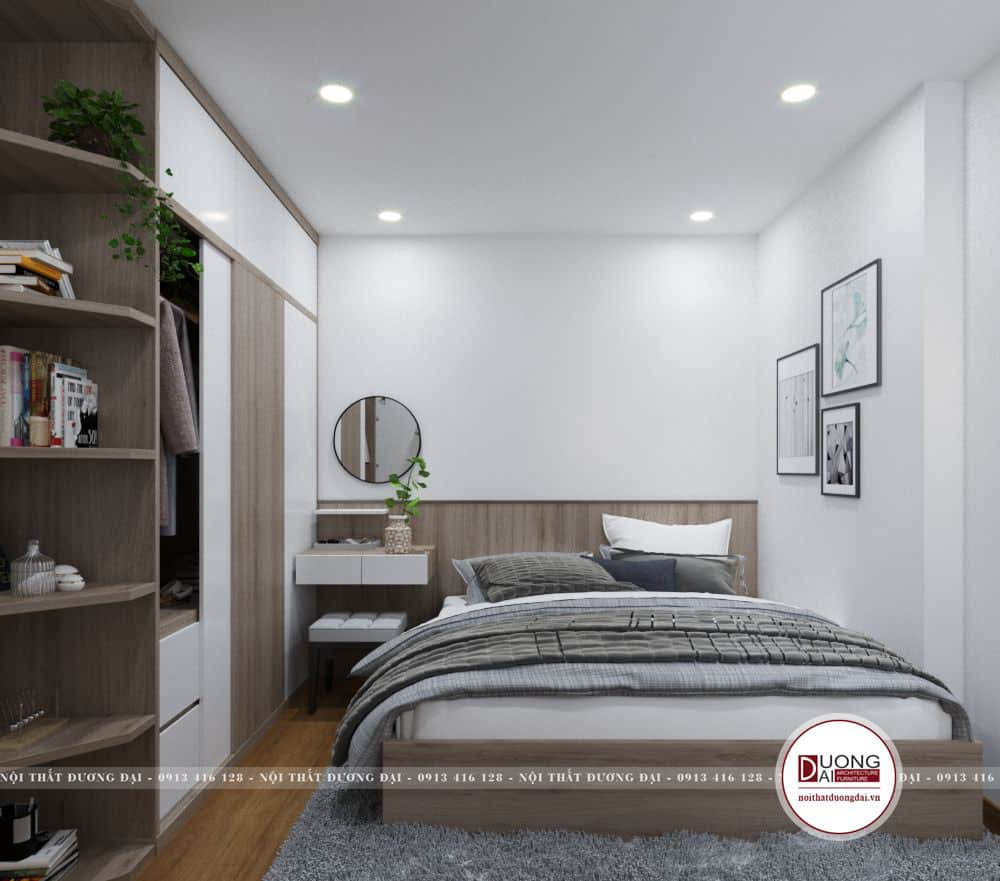Phòng ngủ rộng rãi với thiết kế tủ âm tường