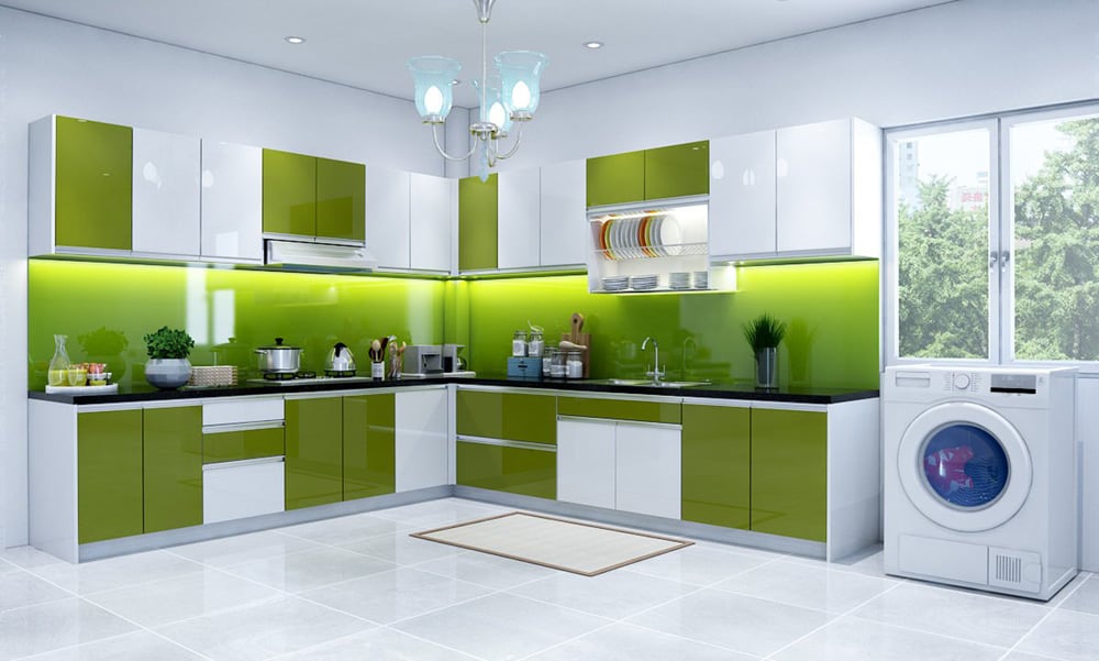 Mẫu tủ bếp Acrylic trắng - xanh lá cây đan xen màu rất hiện đại và cá tính