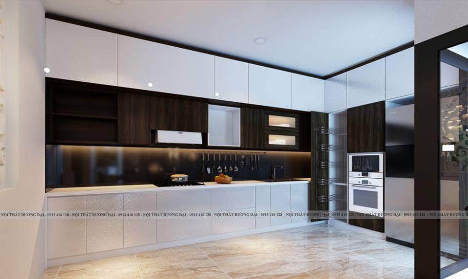 Tủ bếp hiện đại với đồ gia dụng âm tường và các ngăn thiết kế thông minh