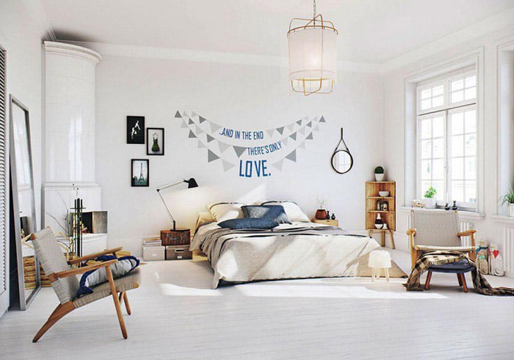Phòng ngủ Scandinavian màu trắng đầy ấm áp và thư giãn