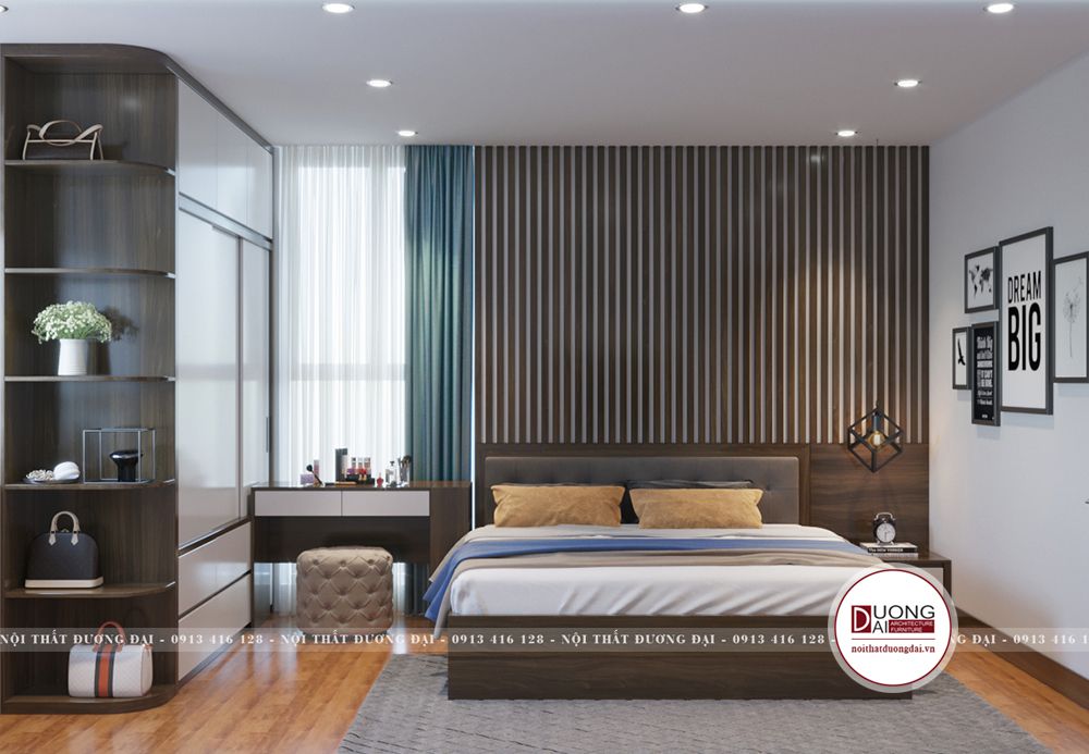 Phòng ngủ sử dụng chất liệu gỗ công nghiệp màu nâu trầm tinh tế