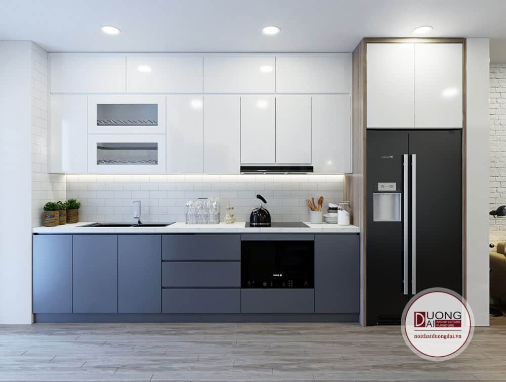 Phòng bếp sử dụng tông màu trắng - xanh tạo ra không gian sang trọng 
