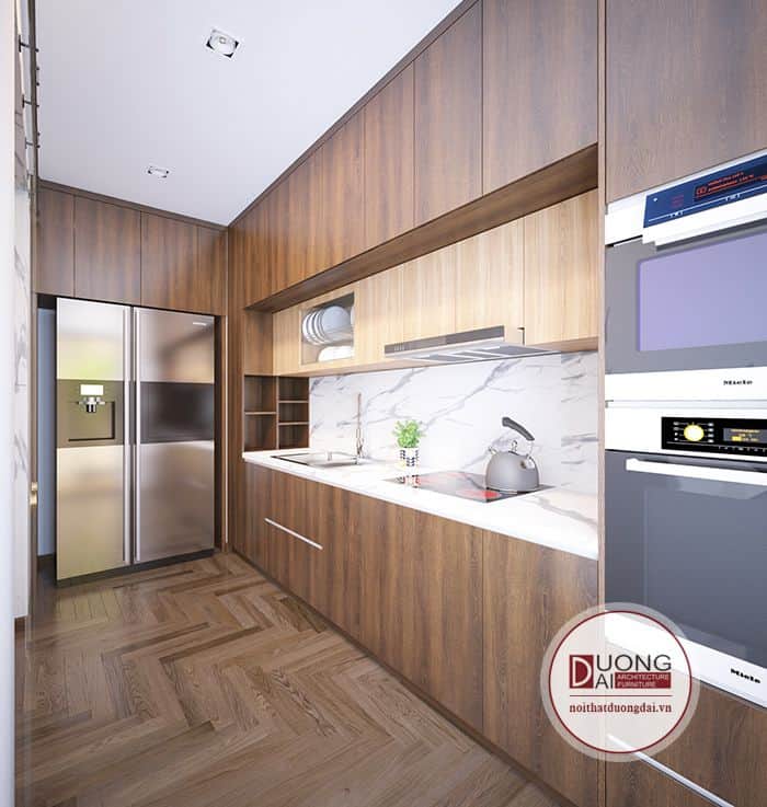 Tủ bếp gỗ tự nhiên tiện nghi và thông minh cho phòng bếp nhỏ