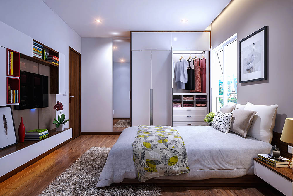 Phòng ngủ siêu tiện nghi với nội thất âm tường nhỏ gọn