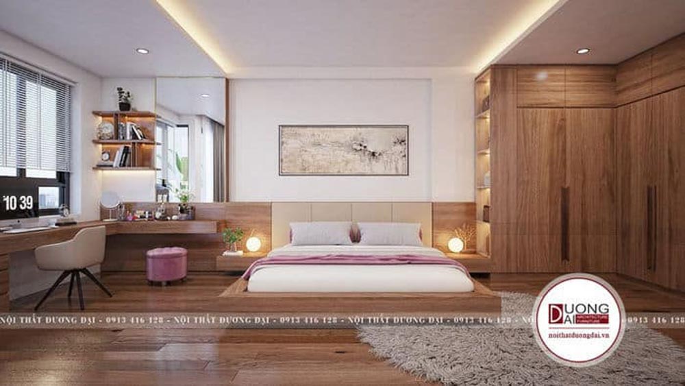 Màu gỗ tương sáng chính là điểm nhấn của không gian phòng ngủ.