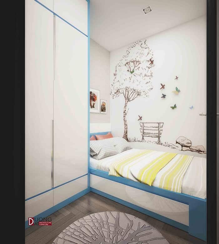 Phòng ngủ của bé gái với gam màu trắng và xanh da trời