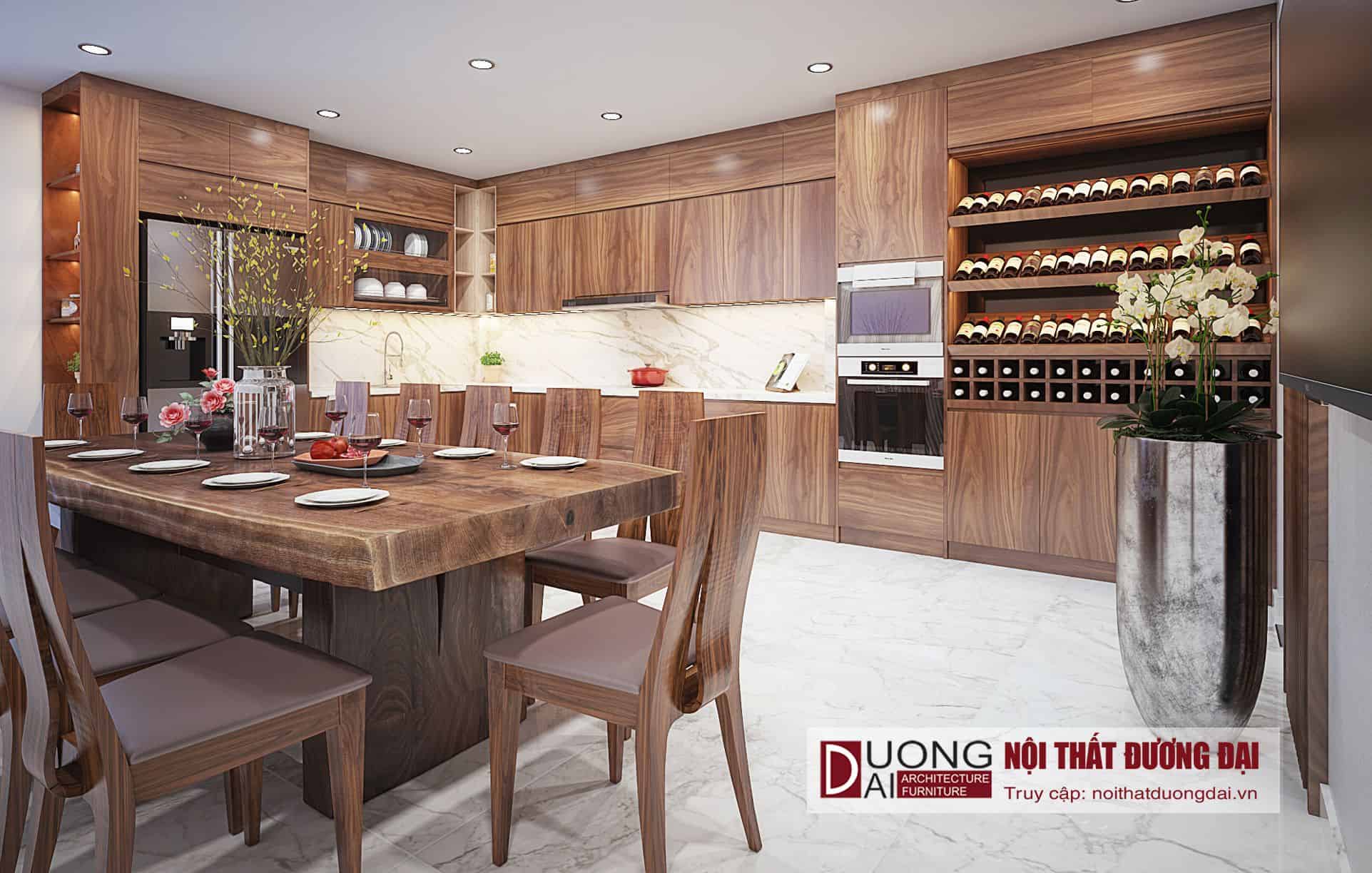 Thiết kế phòng bếp hiện đại làm từ gỗ công nghiệp phủ lớp vân gỗ
