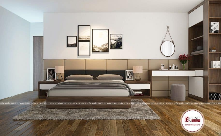 Phòng ngủ ấm áp và gần gũi với gam màu nâu gỗ