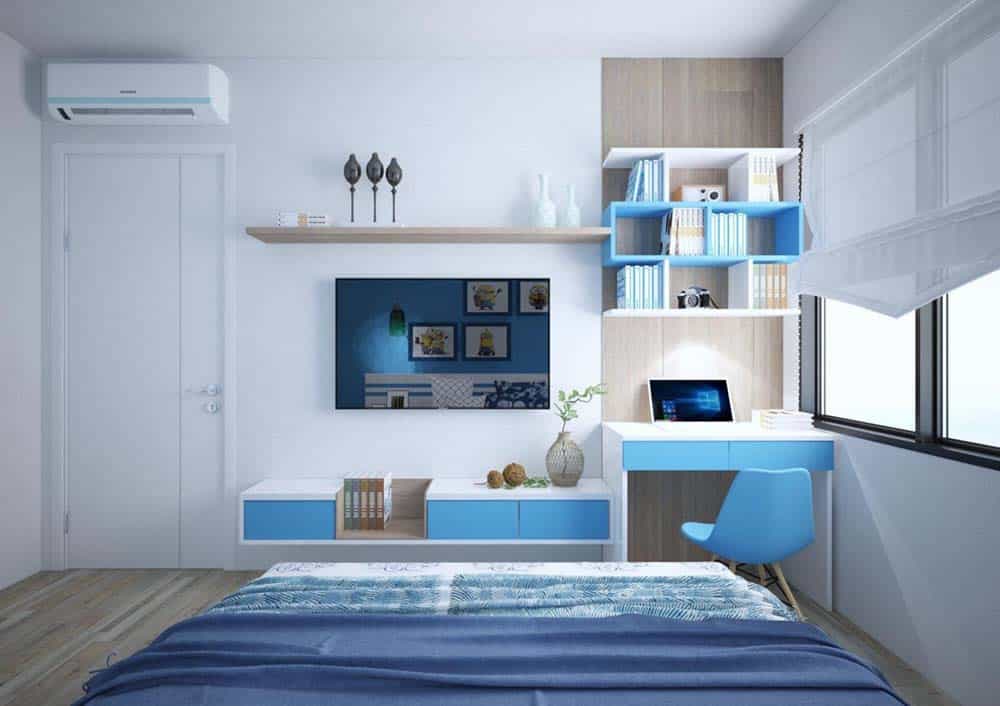 Phòng ngủ cho bé trai với màu xanh dương nổi bật