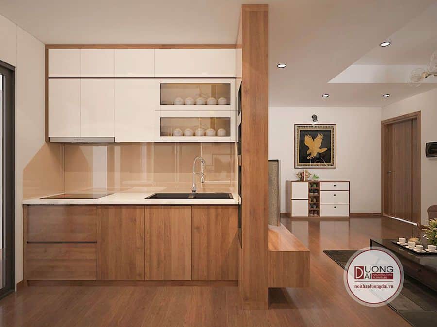 Không gian phòng bếp nhỏ gọn thiết kế liền kề với phòng khách