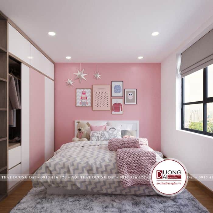 Phòng ngủ màu hồng nhạt nữ tính cho bé gái