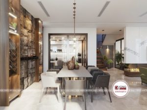 Đá tự nhiên được lát ở bức tường phòng ăn
