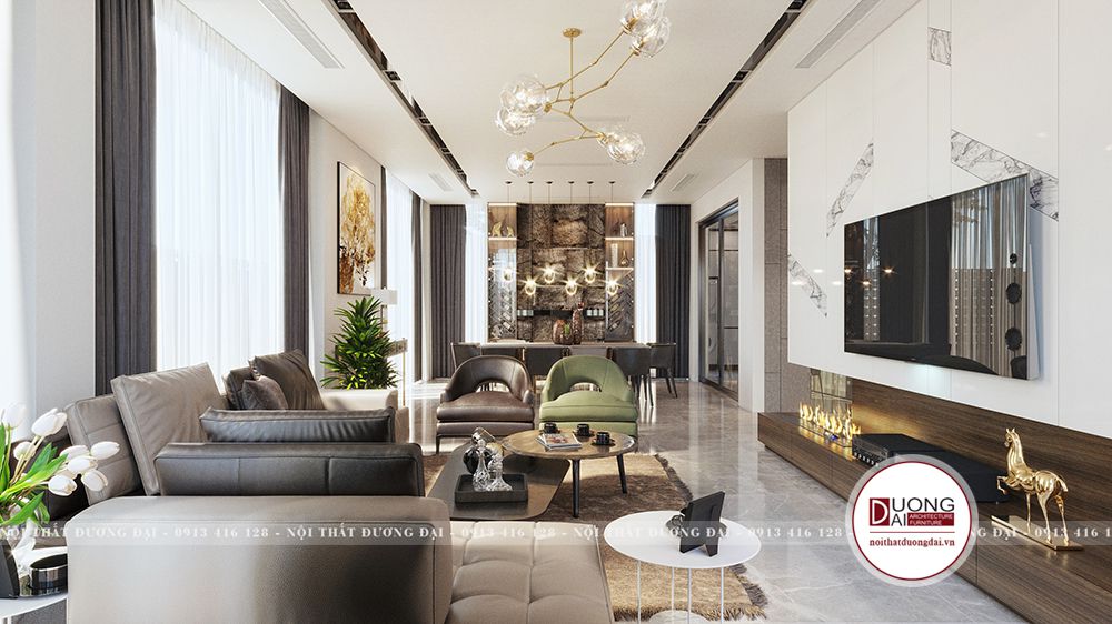 Thiết kế phòng khách với nội thất hiện đại và chất liệu cao cấp