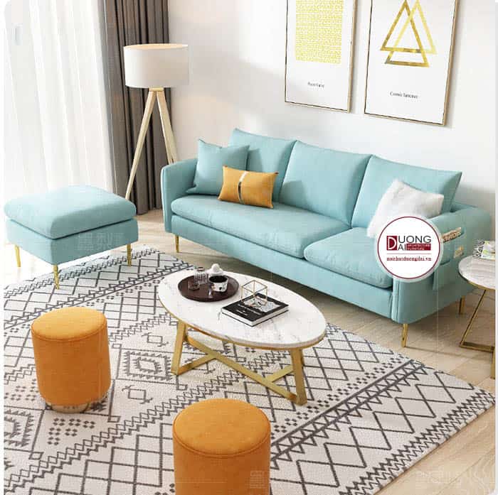 Sofa vải màu xanh ngọc với thiết kế trang nhã cho phòng khách nhỏ