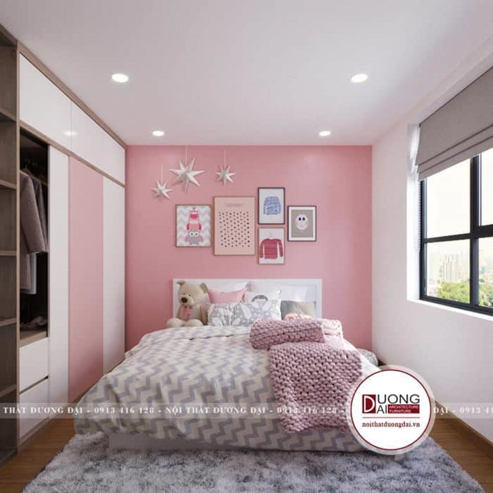 Phòng ngủ dành cho bé với tông hồng ngọt ngào.
