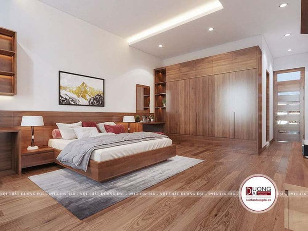 Phòng ngủ master với chất liệu gỗ đẹp sang trọng