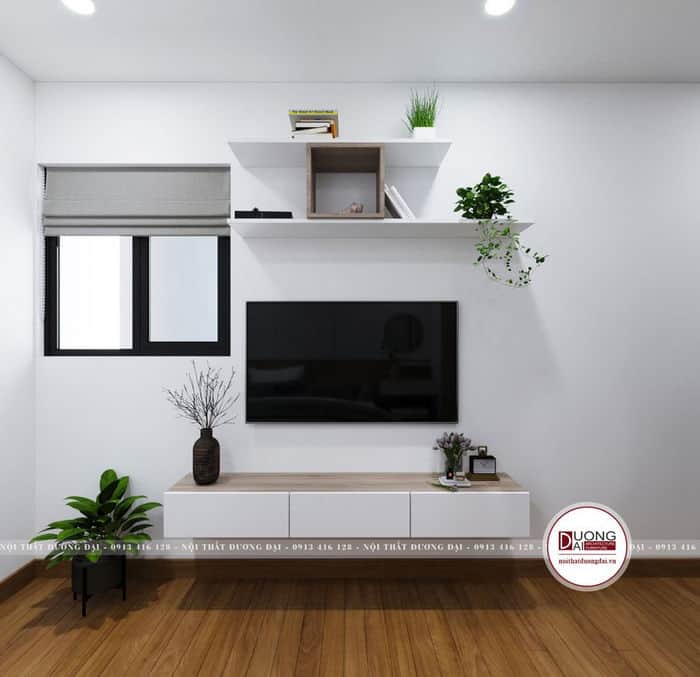 Mẫu kệ tivi treo tường đơn giản và trang nhã cho phòng khách chung cư