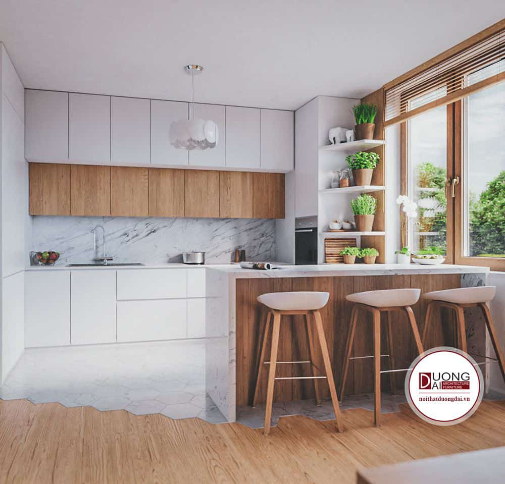 Tủ bếp chung cư hiện đại với chất liệu gỗ sồi