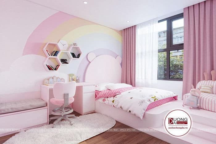 Phòng ngủ bé gái với tông hồng ngọt ngào.