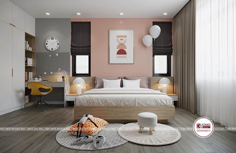 Màu hồng nhạt và ghi sáng mang nét ấm áp cho phòng ngủ