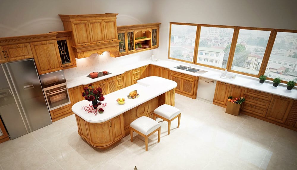 Mẫu thiết kế phòng bếp sang trọng từ gỗ gõ đỏ Nam Phi