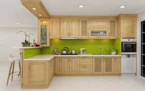 Tủ bếp gỗ tự nhiên có màu sắc sáng rất hiện đại và trang nhã