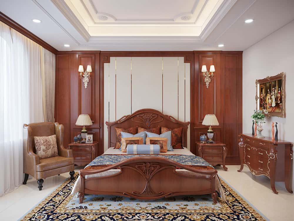 Phòng ngủ sử dụng tab gỗ gõ đỏ đầy quyến rũ và sang trọng