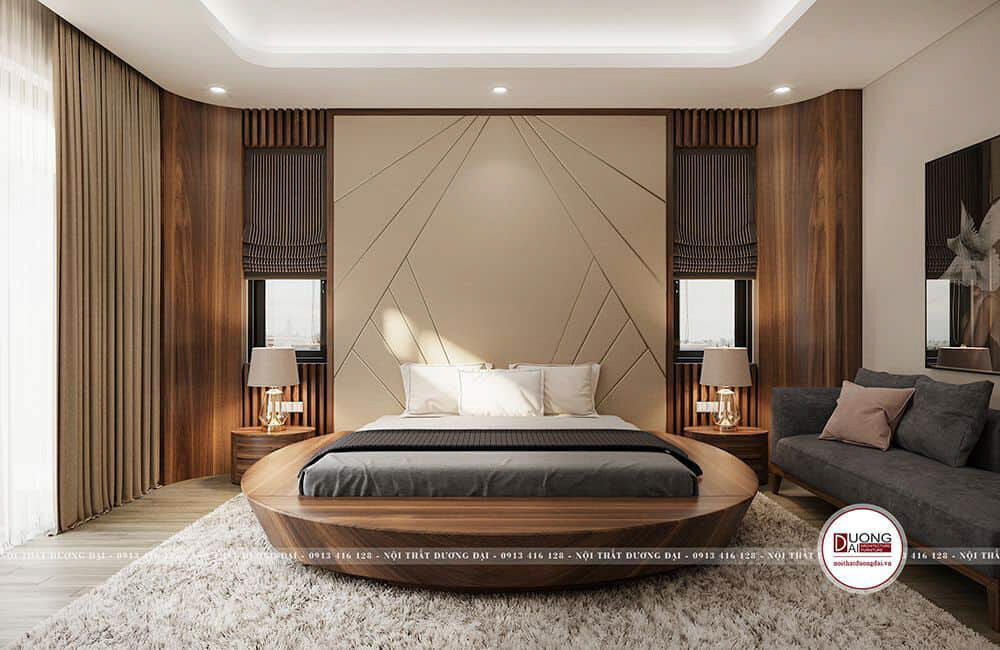 Phòng ngủ master rộng lớn với chiếc giường gỗ hình tròn