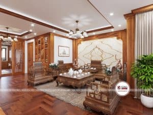 Thiết kế phòng khách siêu đẳng cấp với sofa gỗ hương tân cổ điển