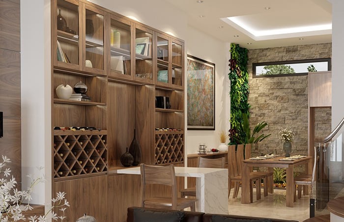 Thiết kế tủ rượu âm tường siêu đẹp kết hợp bàn quầy bar