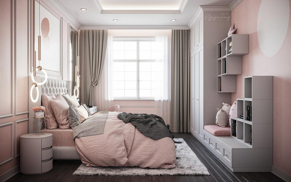 Phòng ngủ hồng xám đơn giản hiện đại