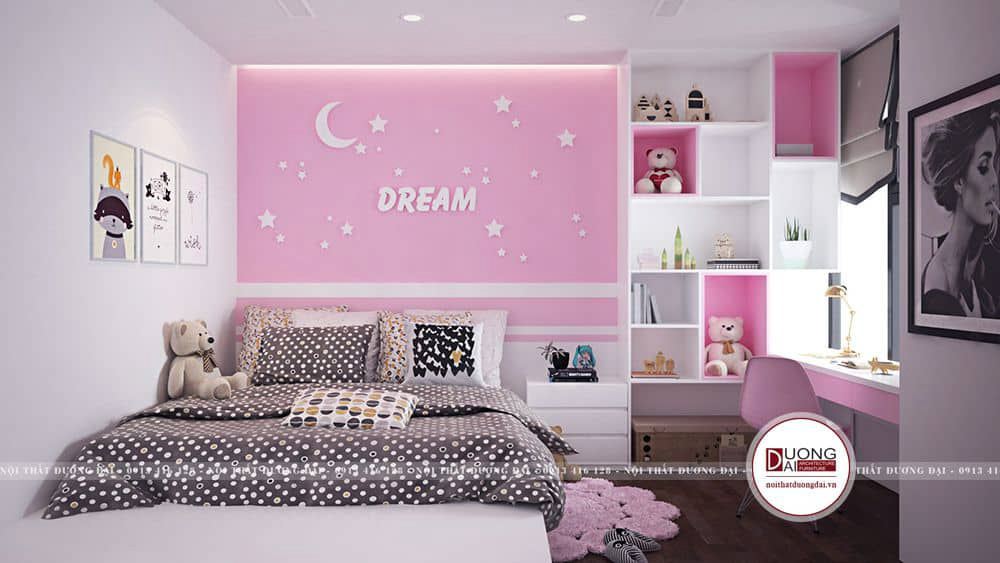 Sử dụng mảng tường màu hồng với họa tiết xinh xắn dành cho bé yêu