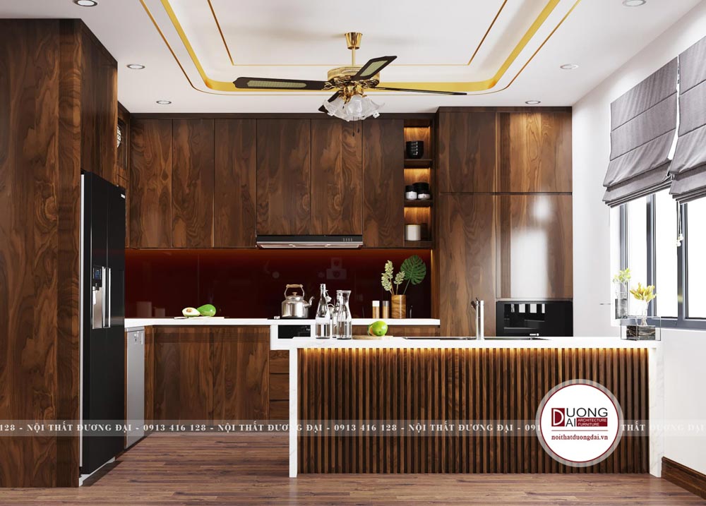 Thiết kế phòng bếp siêu đẳng cấp từ gỗ óc chó Bắc Mỹ, kiểu dáng hiện đại