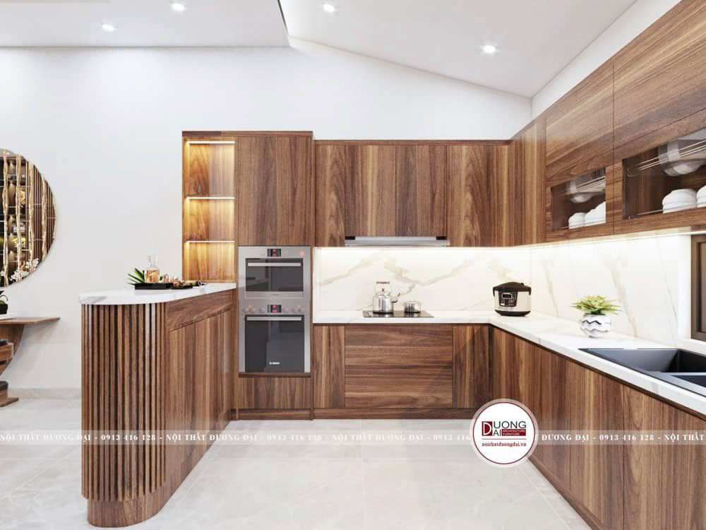 Tủ bếp và đảo bếp tiện nghi với chức năng thông minh cho phòng bếp nhà phố