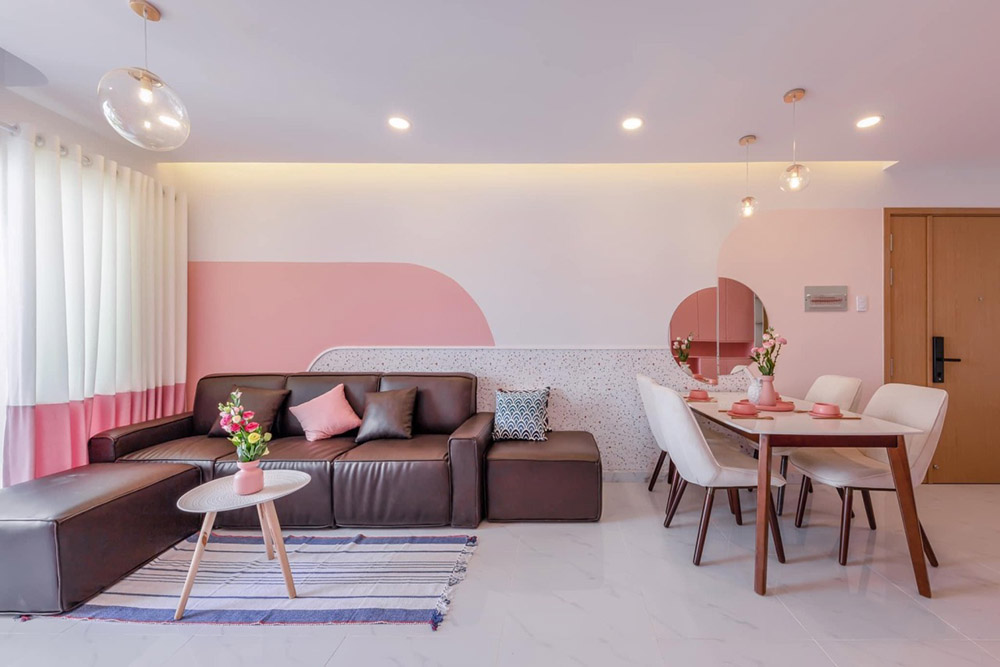 Thiết kế phòng khách gam màu hồng - trắng cá tính