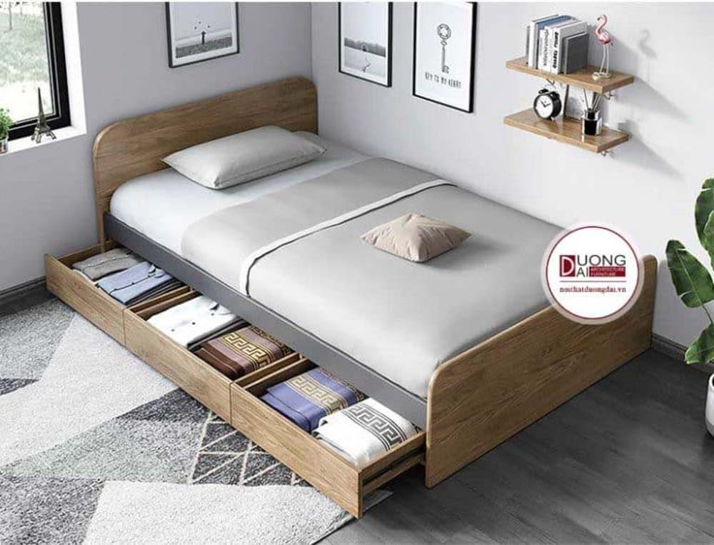 Giường có ngăn kéo đựng đồ tiện lợi, phù hợp với căn hộ diện tích nhỏ