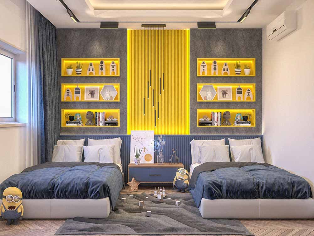 Mẫu phòng ngủ đầy cá tính với gam màu đối lập xanh – vàng