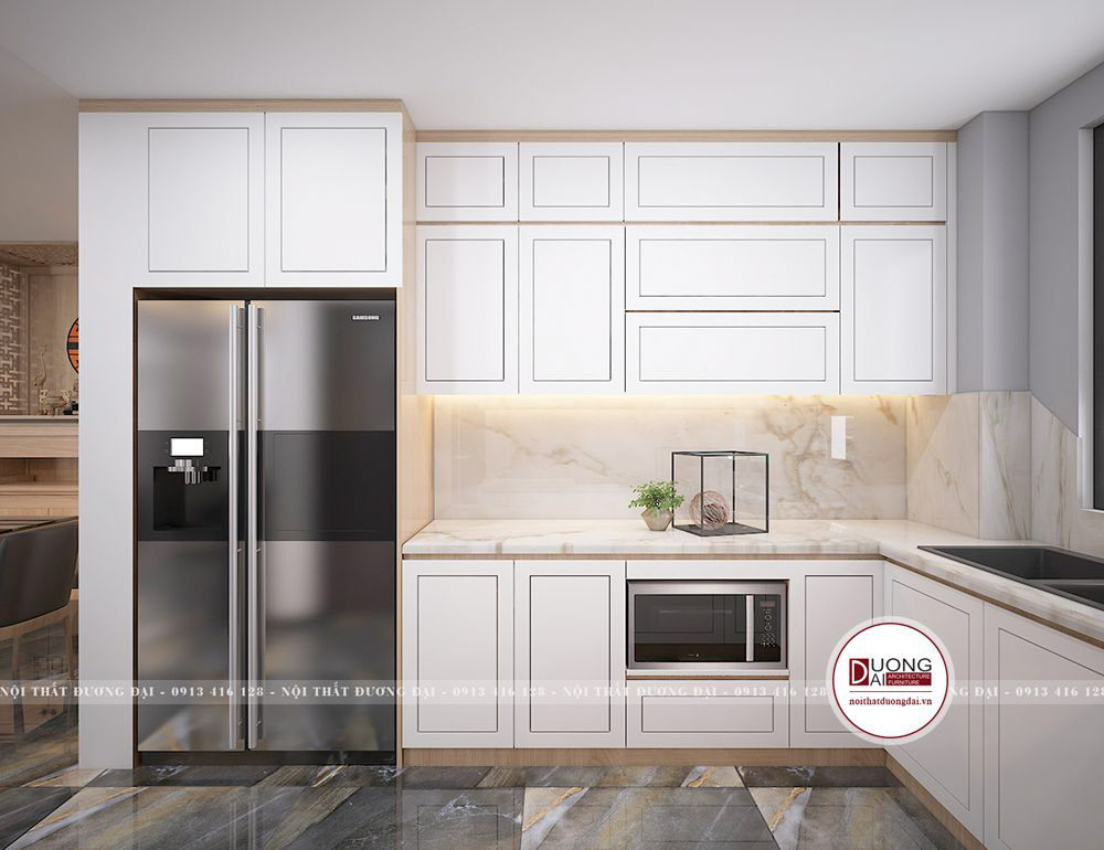 Tủ bếp màu trắng sẽ mở rộng không gian trong diện tích nhỏ