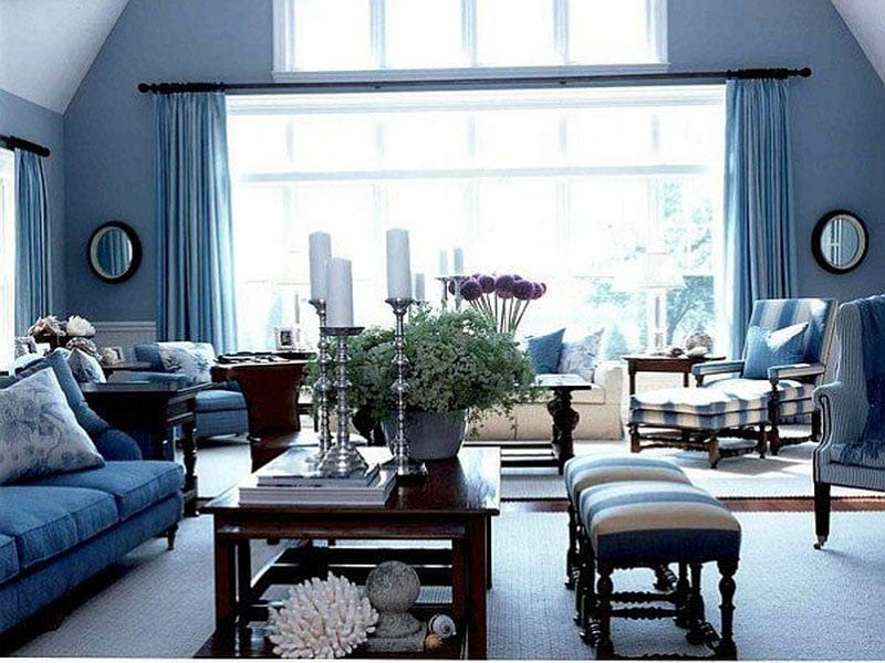 Mẫu phòng khách biệt thự xa hoa sử dụng nội thất màu xanh dương