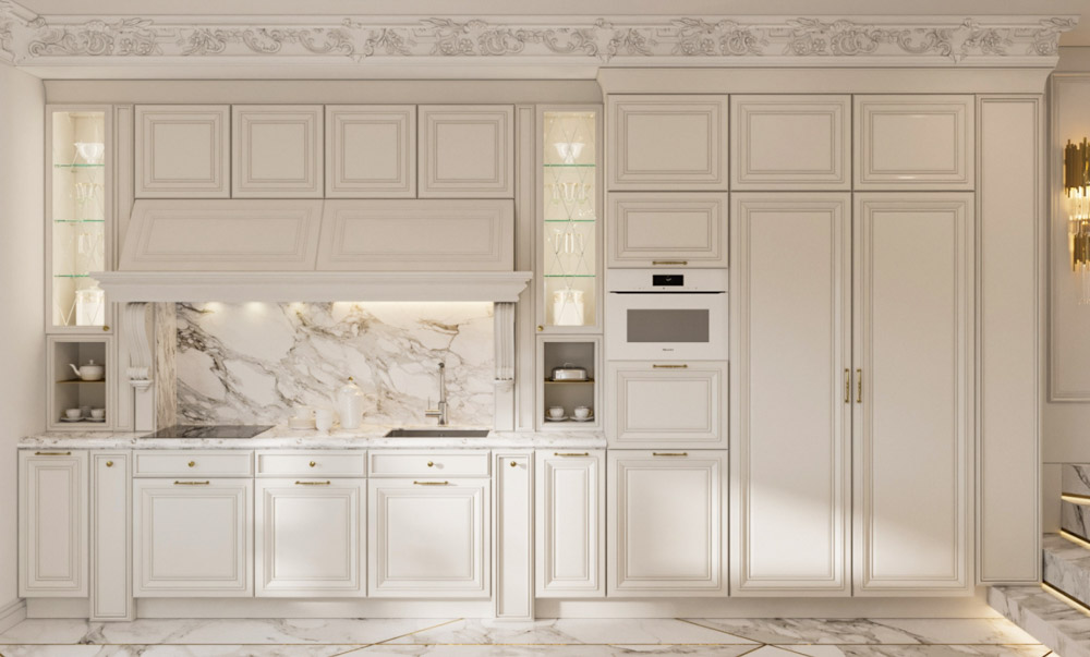 Mẫu tủ bếp âm tường đẹp theo phong cách hoàn gia cho những nhà bếp có diện tích lớn.