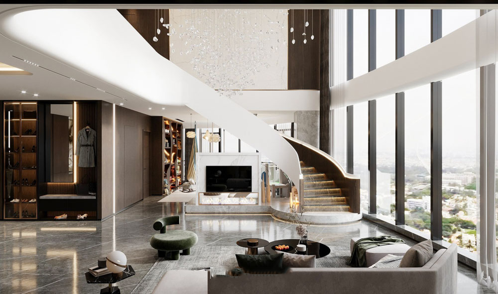 Phòng khách luxury vô cùng sang trọng với tầm view đắt đỏ hướng ra lòng thành phố