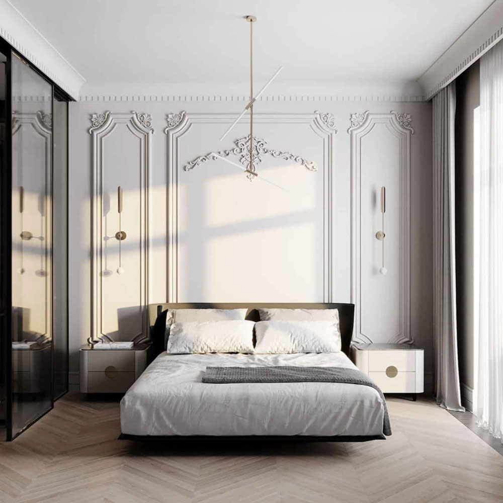 Phòng ngủ cổ điển với nét đẹp tinh tế và sang trọng với gam màu trắng