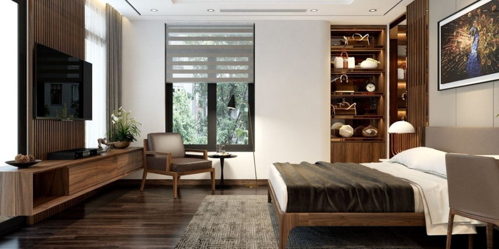 Phòng ngủ được thiết kế với sàn nhà bằng gỗ