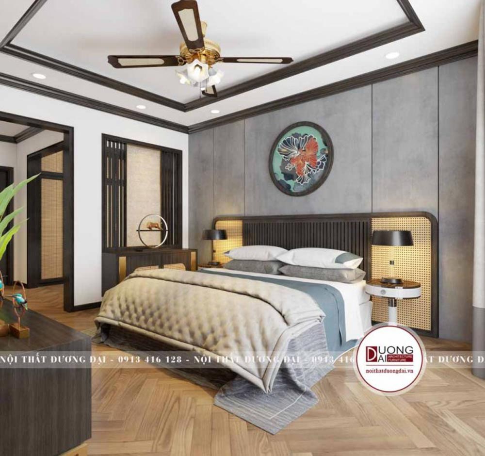 Phòng ngủ master ấn tượng với gam màu trung tính dịu nhẹ
