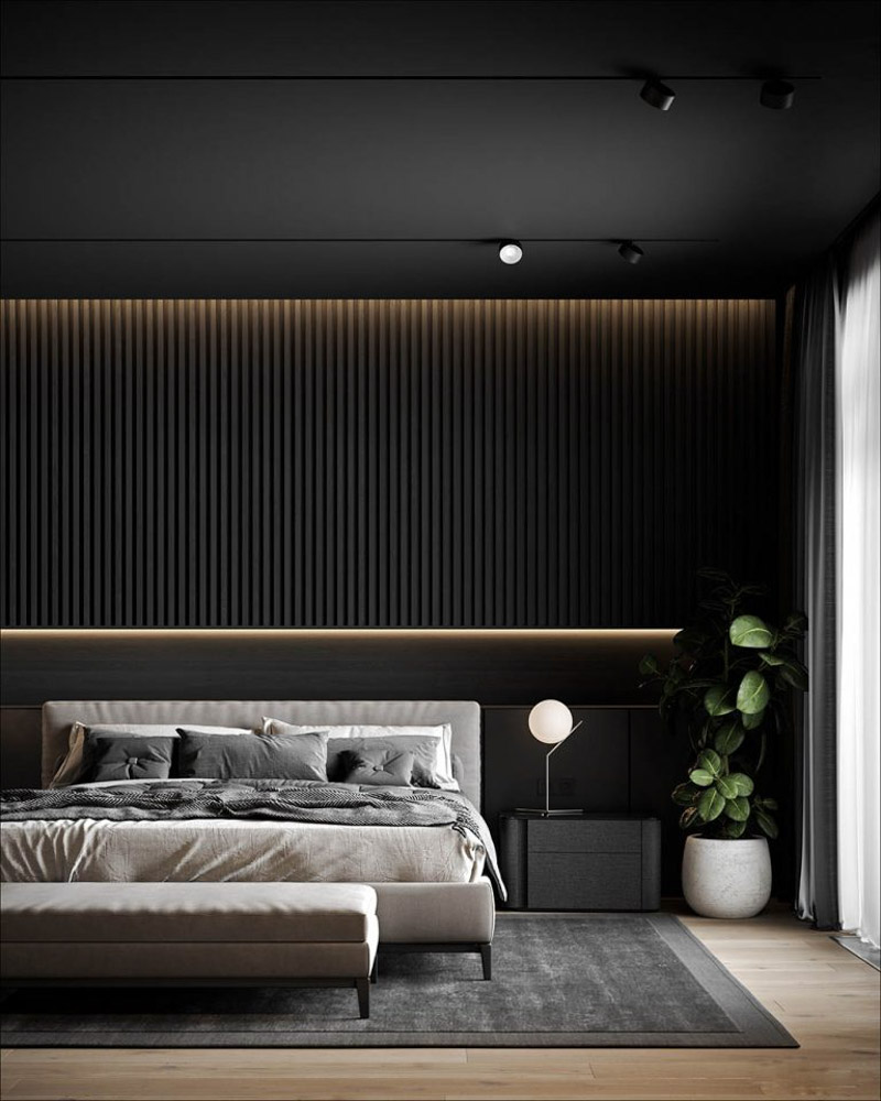 Thiết kế phòng có nền tường đen và nội thất màu ghi nhạt ấm áp