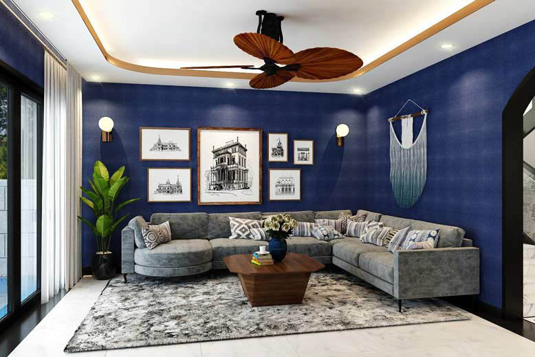Thiết kế phòng khách màu xanh dương hợp phong thủy