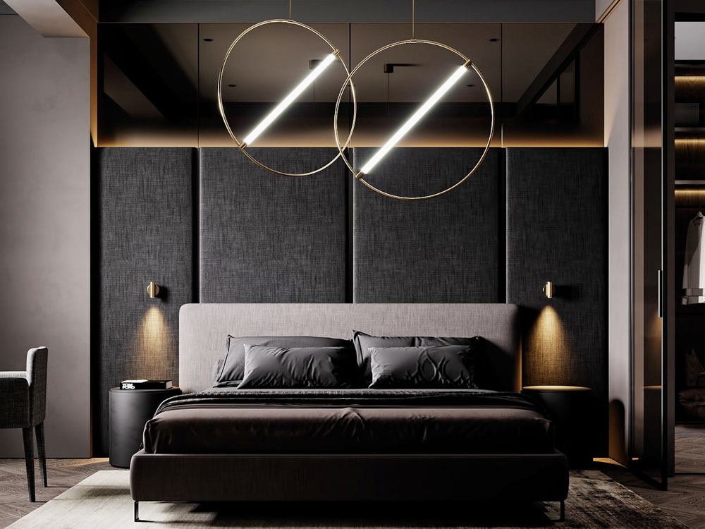 Thiết kế phòng ngủ màu đen có đèn led