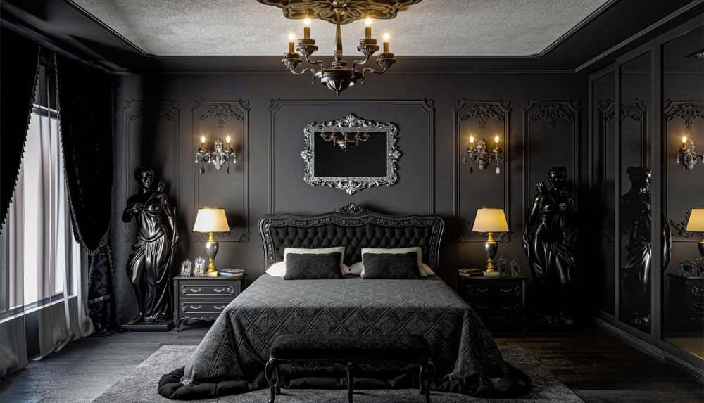 Thiết kế phòng ngủ màu đen với phong cách cổ điển sang trọng