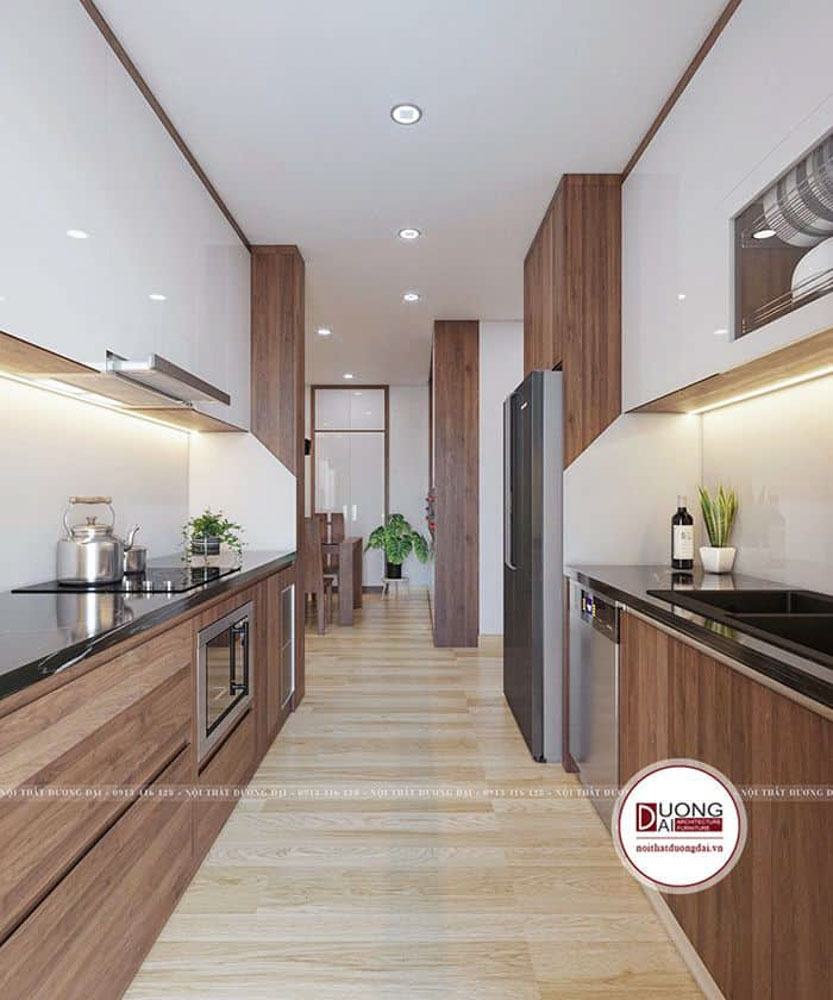Thiết kế tủ bếp hiện đại với 2 dãy tủ chạy song song cho căn hộ nhỏ
